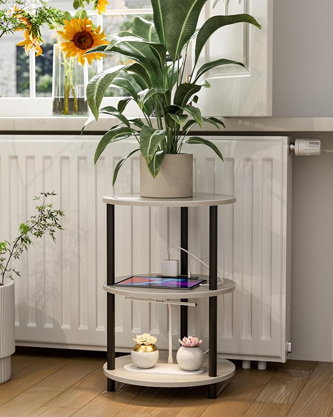 Small Round End Table - 3 Tier Design Accent Table, Narrow Side or Bedside Stand, Industrial Vintage Table for Small Spaces, Built-in USB Ports and Power Outlet, Greige