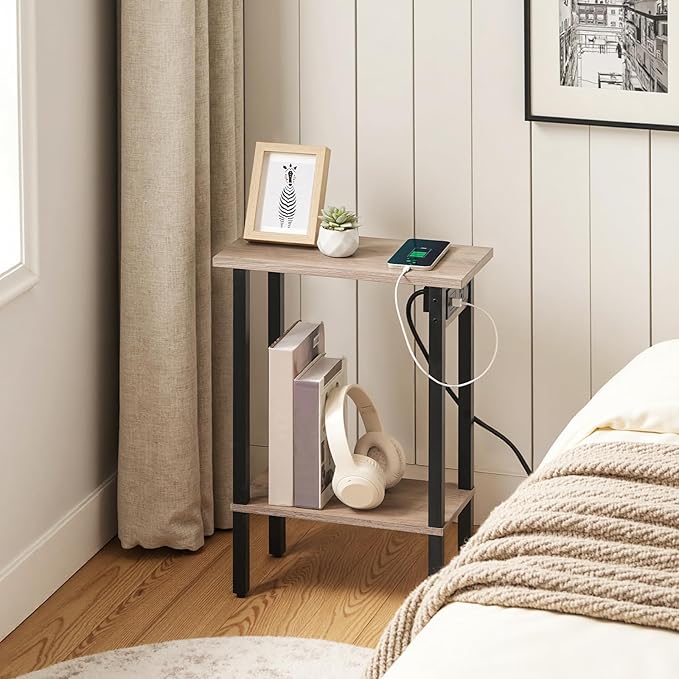 HOOBRO Small End Table with Charging Station, Set of 2, Narrow Side Table with USB Port and Outlets, Skinny Sofa Table, Slim Nightstand, Living Room, Bedroom, Greige and Black BG240UBZP201