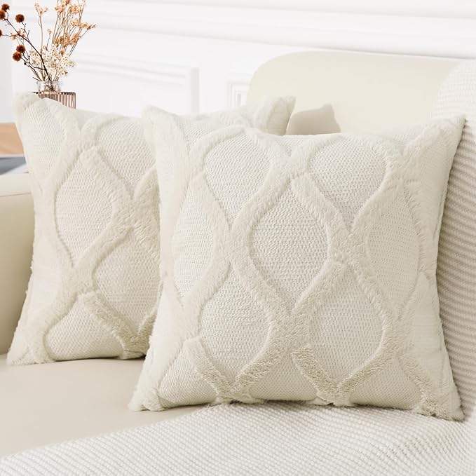 decorUhome Throw Pillow Covers 24x24 Inch Set of 2, Soft Plush Faux Fur Wool Beige Couch Pillow Covers, Decorative Neutral Pillow Cases for Bed Sofa Living Room Home Decor