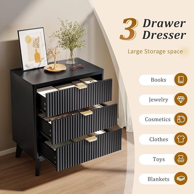 LYNCOHOME Fluted Nightstand with 3 Drawers Dresser, Modern Wood Chest of Bedside Table with Curved Profile, Fluted Dresser & Wood Drawer Organizer for Bedroom
