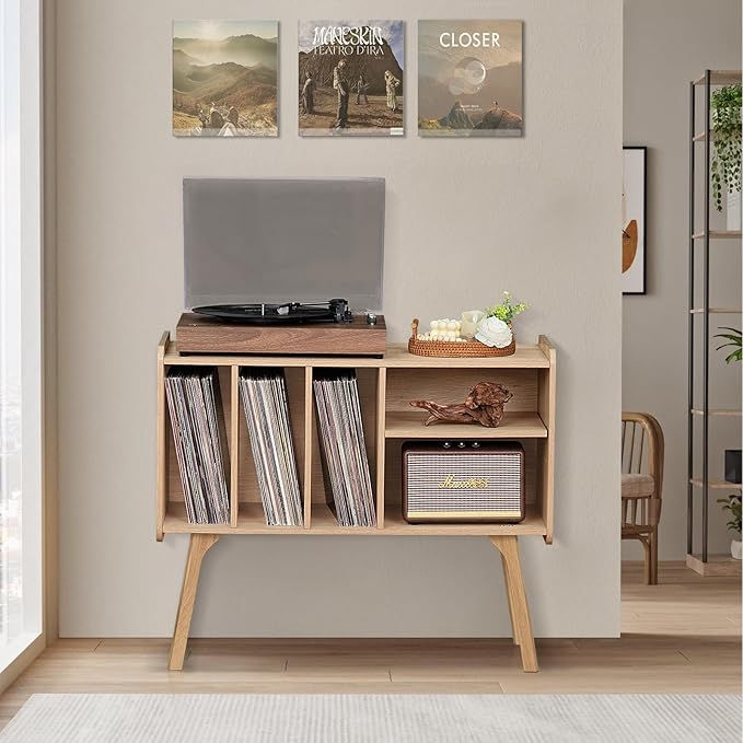 Lerliuo Record Player Stand with 4 Cabinet Holds Up to 220 Albums, Large Stand with Beech Wood Legs, Mid-Century Record Player Table,Burlywood Vinyl Holder Storage Shelf for Living Room