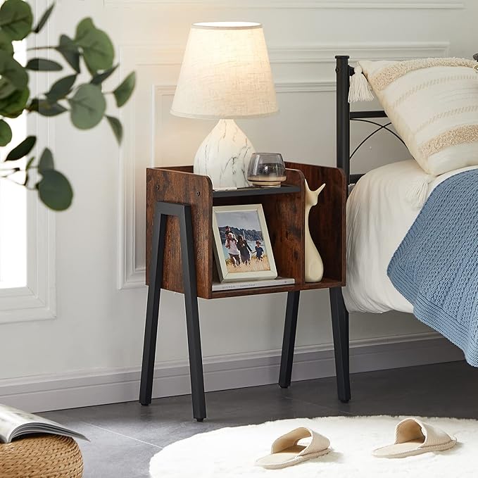 VECELO Nightstand Set of 2,Industrial Side End Table/Stackable Accent Furniture with 2-Tier Open Storage Compartments for Bedroom, Living Room and Small Spaces