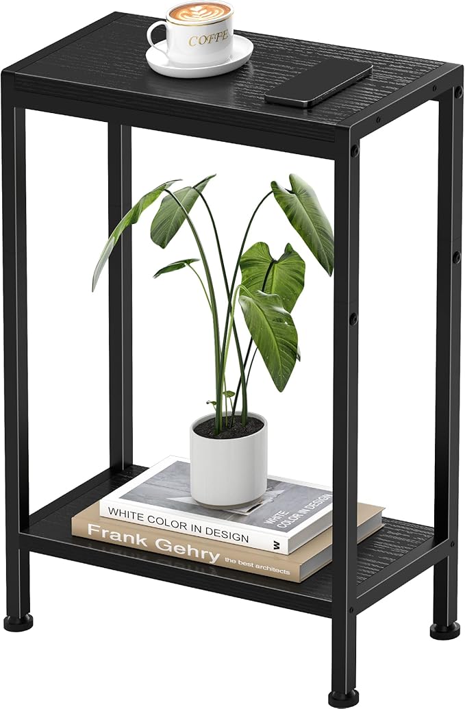 Narrow Side Table for Small Space, 2-Tier Small End Table with Shelf Holder in Living Room, Bedroom, Study, Kitchen and Balcony (Black)