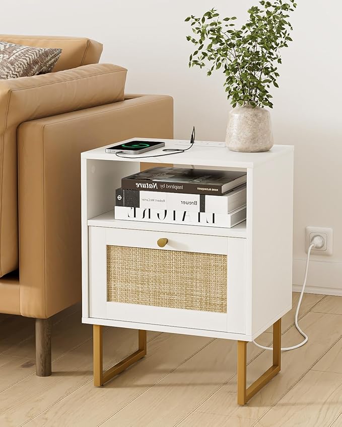 Masupu Extra Large Rattan Nightstand with Charging Station,Boho Night Stand Modern Farmhouse Wood Bedside Table with Storage Drawer and Open Shelf,Side End Table for Bedroom,Living Room,Office White