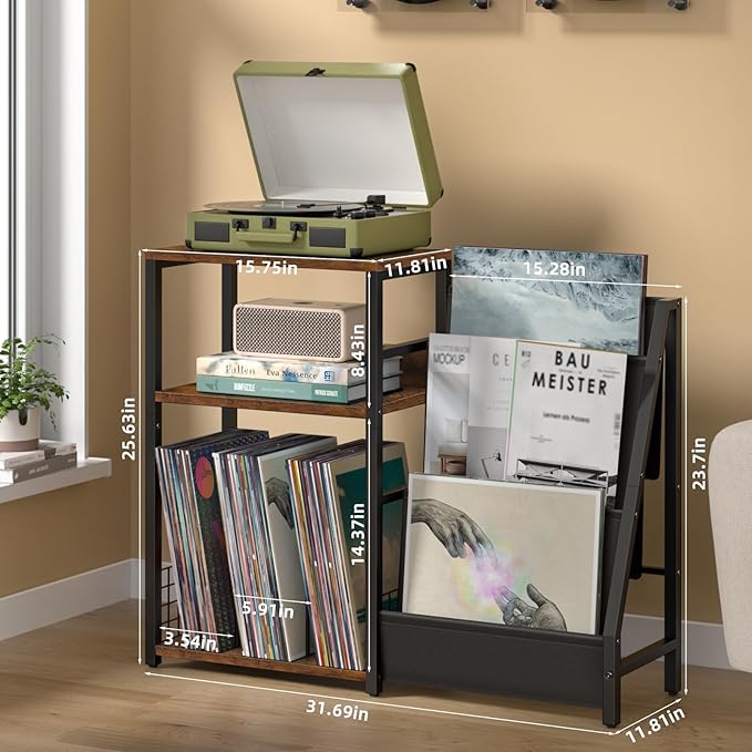 LELELINKY Record Player Stand with Vinyl Storage, 3 Tier Turntable Stand with Display Shelf Storage Up to 150 Albums,Brown End Table for Living Room