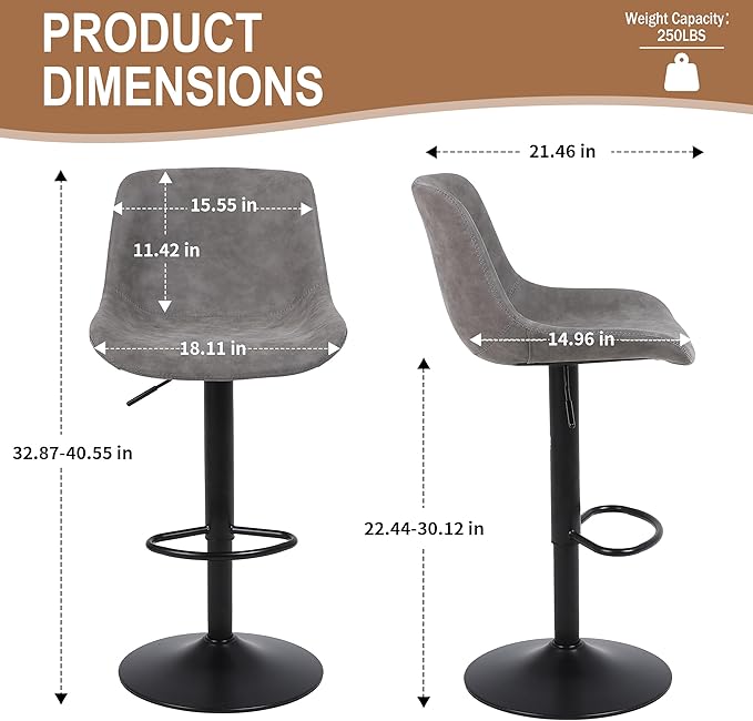 Bar Stools, Swivel Counter Height Barstools with Back, Adjustable Modern Bar Chairs, Tall Armless PU Leather Kitchen Island Stool (Grey, Set of 3)