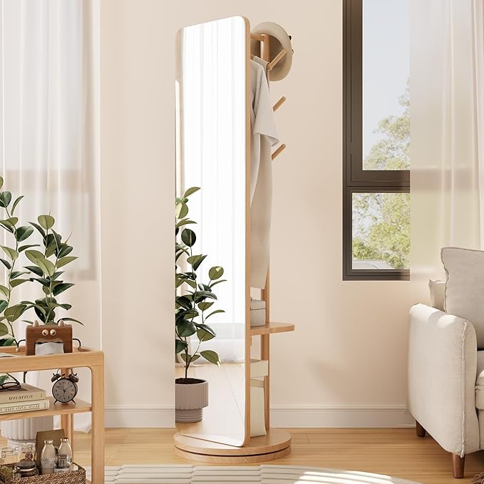 70"x16"Full Length Mirror with Stand,Coat Rack with Mirror,Solid Wood Floor Mirror,Swivel Mirrorfor Bedroom, Living Room, Cloakroom