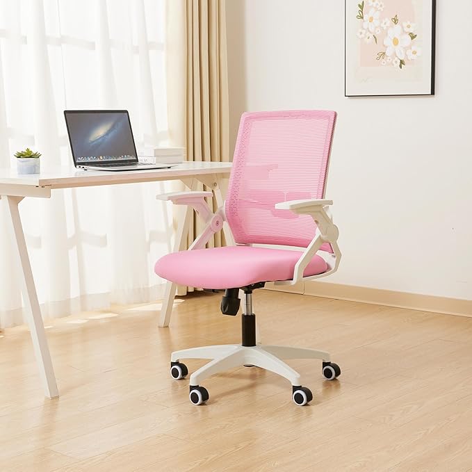 Ergonomic Office Chair Desk Chair with Adjustable Height Mesh Computer Chair Swivel Chair with Flip-up Arms and Lumbar Support Pink