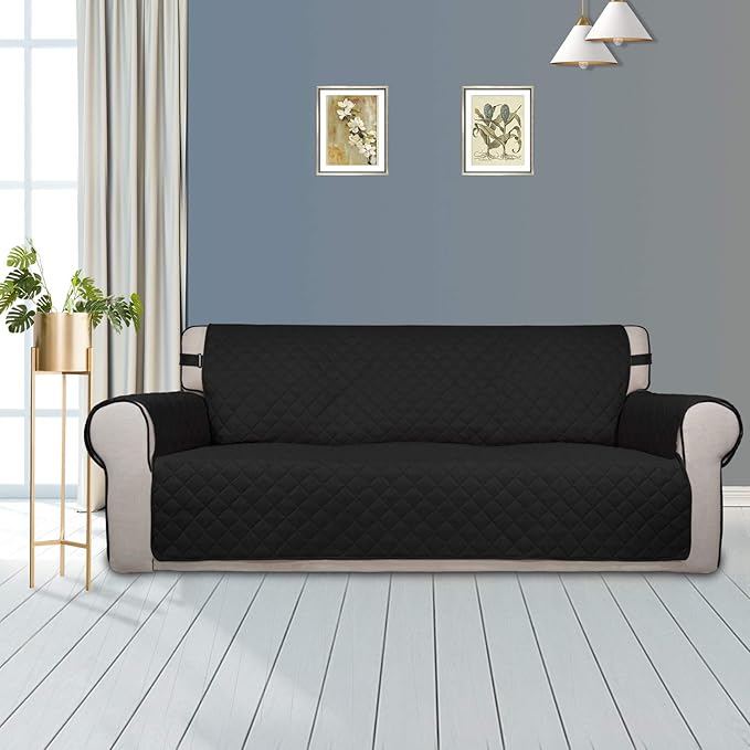 PureFit Reversible Sofa Couch Cover Water Resistant Couch Covers for 3 Cushion, Washable Furniture Cover with Non-Slip Foam and Adjustable Strap for Dogs, Pets (Sofa, Black/Beige)