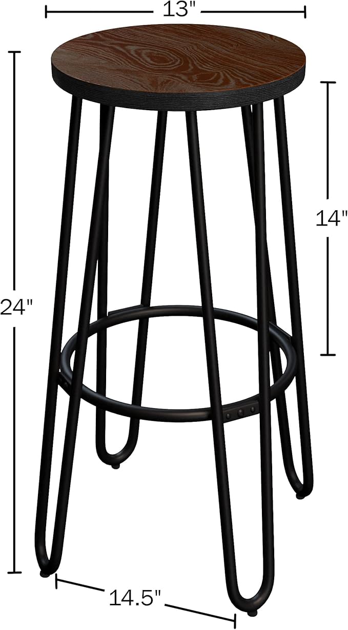Set of 2 Bar Stools - 24-Inch-Tall Backless Barstools with Hairpin Legs and Wood Seat for Kitchen, Dining Room, or Bar by Lavish Home