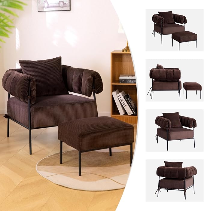 HollyHOME Modern Velvet Accent Chair with Ottoman, Upholstered Comfy Reading Chair and Footstool, Fabric Large Lazy Arm Chair and Stool, Lounge Sofa Chair for Living Room, Bedroom, Coffee Chair&Stool