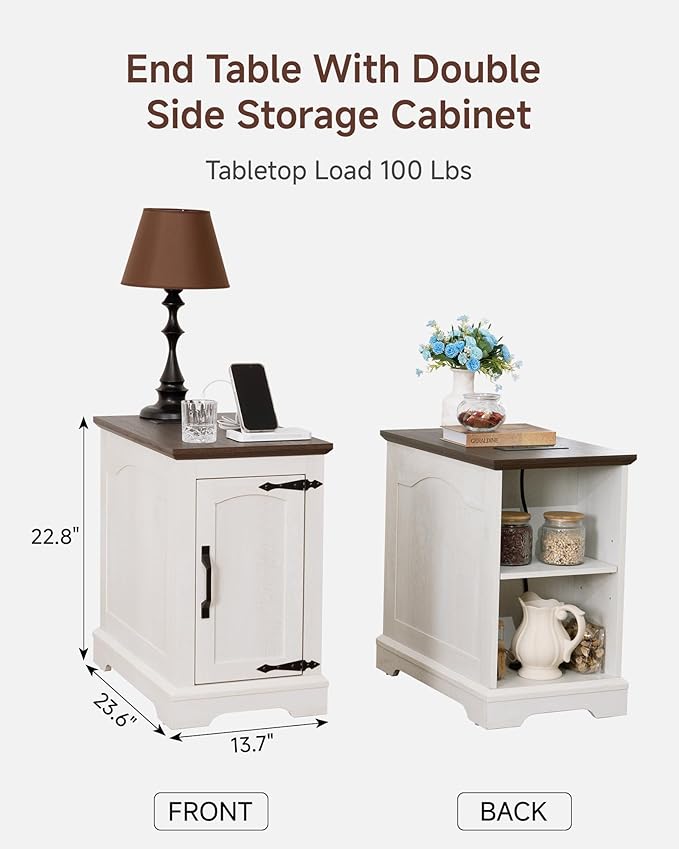 Narrow Side Table with Charging Station,13.8" W End Table with Storage for Sofa Couch or Bed Side with Outlets & USB Ports,Farmhouse Nightstand for Bedroom, Living Room (White & Walnut)