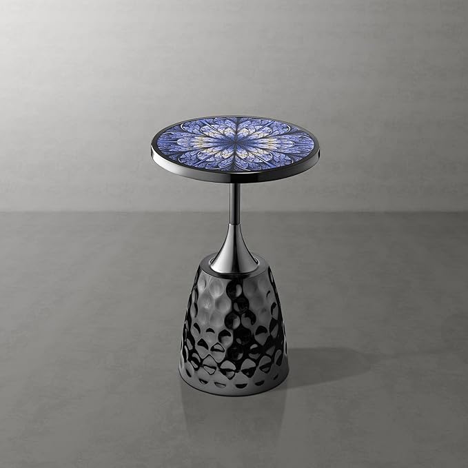 HOMES: Inside + Out Halric Modern 24" Tall Round End Table with Printed Tabletop and Iron Metal Base, Accent Furniture, Pedestal Stand for Living Room, Home Office, Black with Geometric Floral