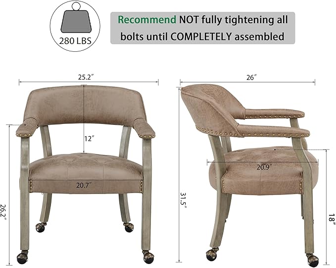 LEEMTORIG Large Dining Chairs with Casters and Arms, Rolling Dining Chairs with Wheels, Solid Wood Boss Caption's Chairs, 26" D x 25.2" W x 31.5" H, Grey Legs & Yellowish Brown Fabric SY-1318-LT
