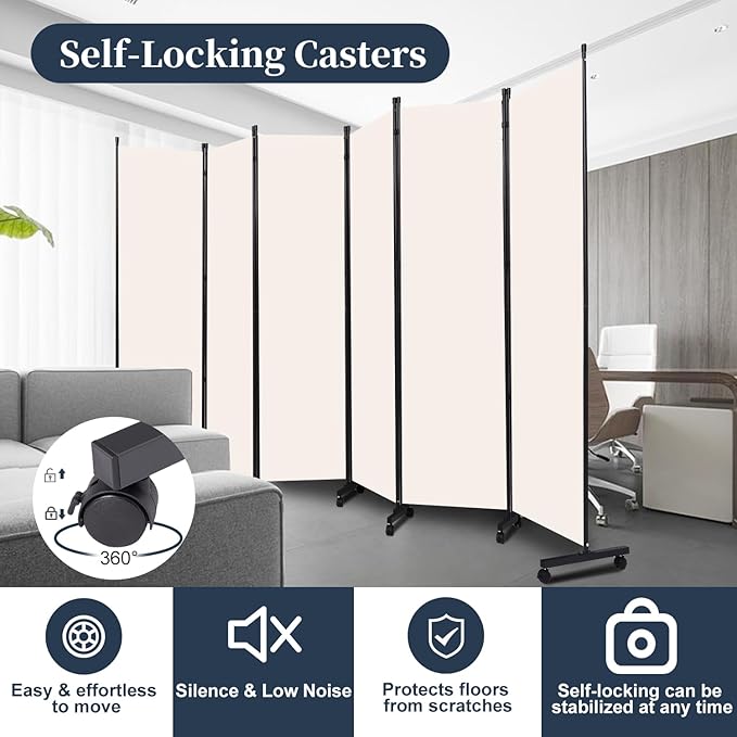 Room Divider Folding Privacy Screens with Lockable Wheels, 132'' Partition Room Dividers Freestanding Room Divider Fabric Panel for Room Separation, Wall Divider for Home Office Bedroom Dorm Decor