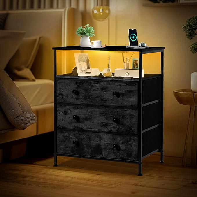 3 Drawers Dresser with Charging Station, 24 Inch Wide LED Night Stand Set 2 with Adjustable Fabric Drawer, Nightstand with Storage Shelf for Living Room/Bedroom/Office, Black.