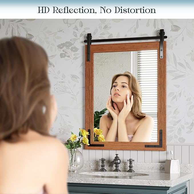 24x36 Inch Farmhouse Mirror for Bathroom, Brown Wood Framed Rustic Mirror, Rectangle Wall Decorative Mirrors for Entryway, Courtyard, Bedroom