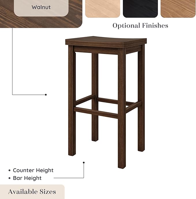 Grain & Grove Smith Collection Solid Wood Bar Stool, 30 inch Saddle-Seat Bar Chair, Backless, Heavy-Duty Construction, Footrest Support, Ideal for Kitchen Islands, Home Bars, and Counters, Walnut