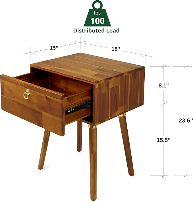 Bme Alden Solid Wood Nightstand/Side Table/End Table, Fully Assembled, with 1-Drawer for Mid Century Bedroom and Living Room, (12mm), Caramel