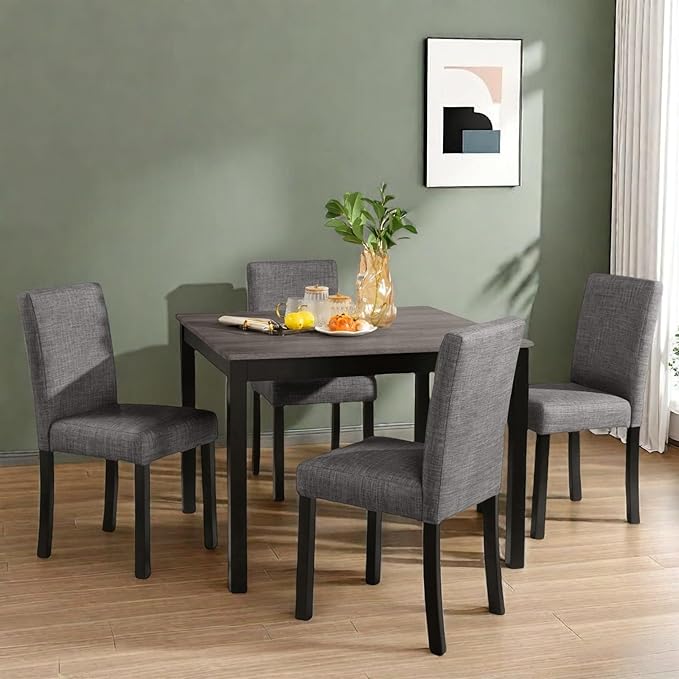 Dining Table Set for 4, 5-Piece Kitchen Table & Chairs Set with Square Wooden Table & 4 Upholstered Chairs, 29.8'' Dinner Set with Solid Wood Legs & Curved Backrest for Kitchen, Light Black