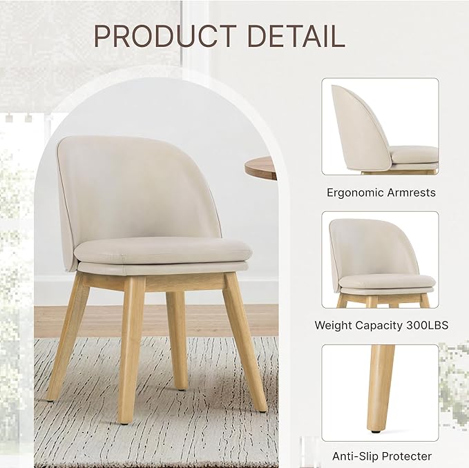 Wooden Dining Chairs Set of 2, Faux Leather Upholstered Modern Dining Room Chairs with Double-Layer Thick Seat Cushion & Ergonomic Backrest for Restaurant, Kitchen and Café, Beige