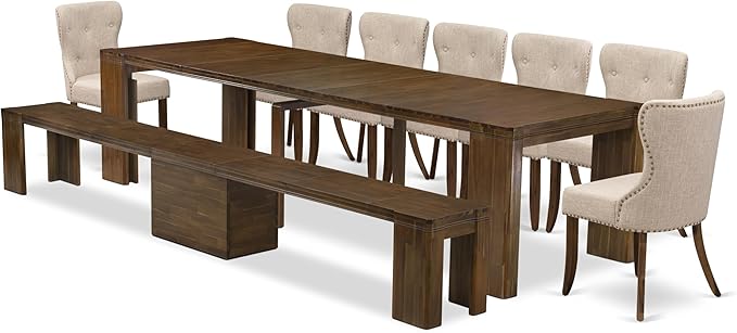 X07SI-B08-04 - 9 Pieces Mid Century Dining Set includes an Extendable Rectangle Kitchen Table, 7 Dining Chairs and 1 Modern Bench, 39x120 Inch, Antique Walnut