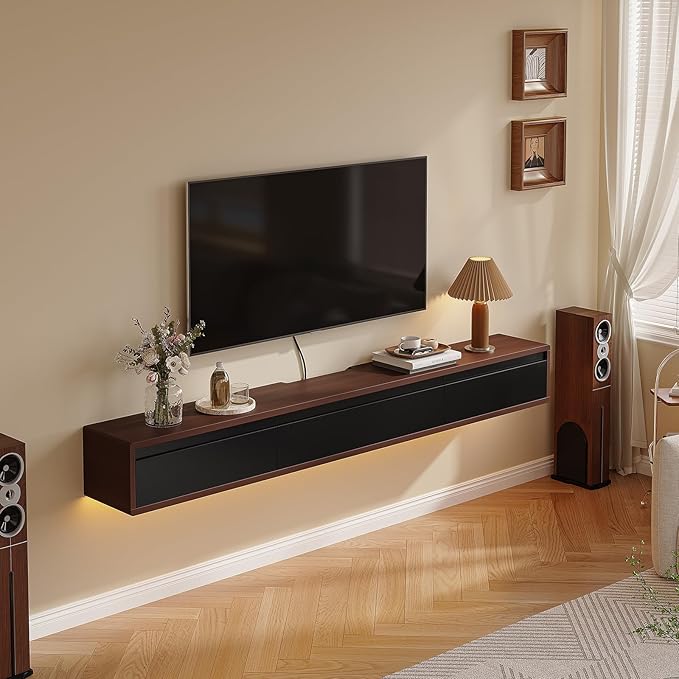 Floating TV Stand Matte Finish, 55'' Wall-Mounted TV Cabinet,Floating TV Console,Under TV Shelf with 3 Doors for Living Room Bedroom(Walnut+Black)