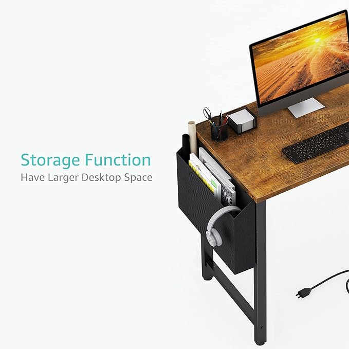 Lufeiya 40 inch Computer Desk with Power Outlet, 39 inch Teen Study Table Home Office Work Writing Desk with Charging Station Outlets Built in, Rustic Brown