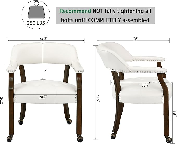 LEEMTORIG Large Dining Chairs with Casters and Arms, Rolling Dining Chairs with Wheels, Accent Solid Wood Boss Caption's Chairs, 26" D x 25.2" W x 31.5" H, Espresso Legs & Ivory PU SY-318-WT