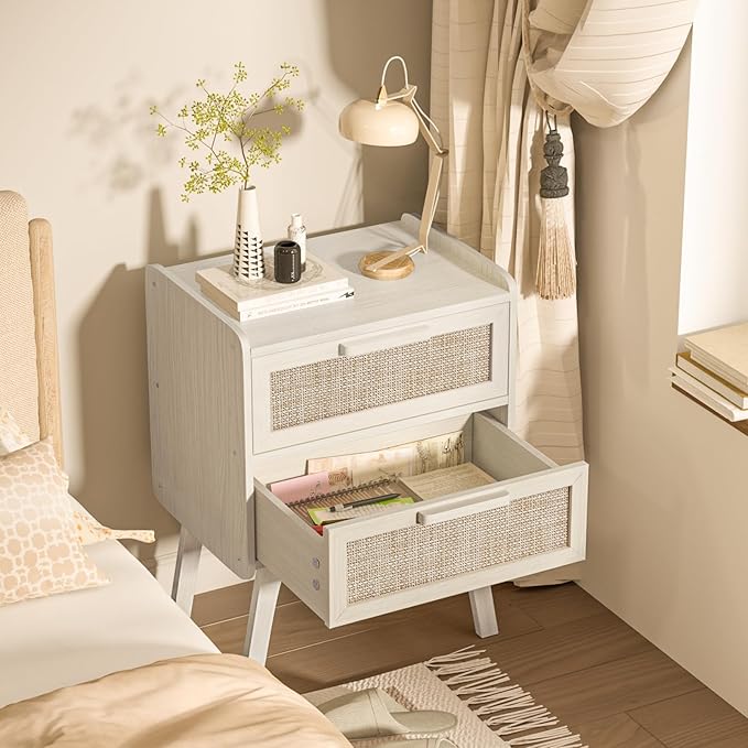 Lerliuo Rattan Nightstand, Boho Night Stand with 2 Drawers, Cane Accent Side End Table, Bedside Table with Solid Wood Legs for Bedroom, Dorm and Small Spaces (White)