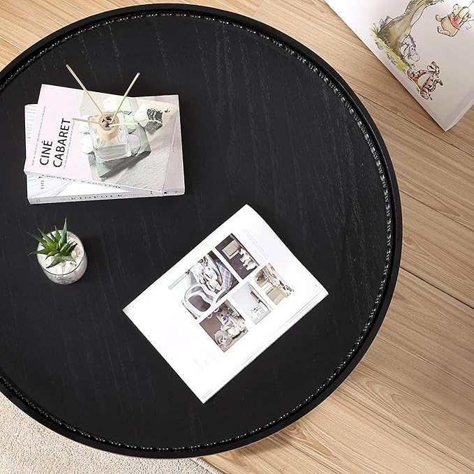Wnutrees Farmhouse Round Coffee Table, Wood Tray Top Circle Coffee Table with Storage Shelf Rustic Style for Living Room and Vintage Finish, Black
