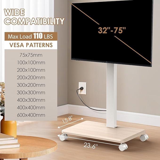 Rolling TV Stand with Power Outlet, Swivel Mobile Portable TV Cart for 32-75 Inch TVs up to 110 lbs, Landscape to Portrait, Height Adjustable Outdoor TV Stand with Wheels, Max VESA 600x400mm