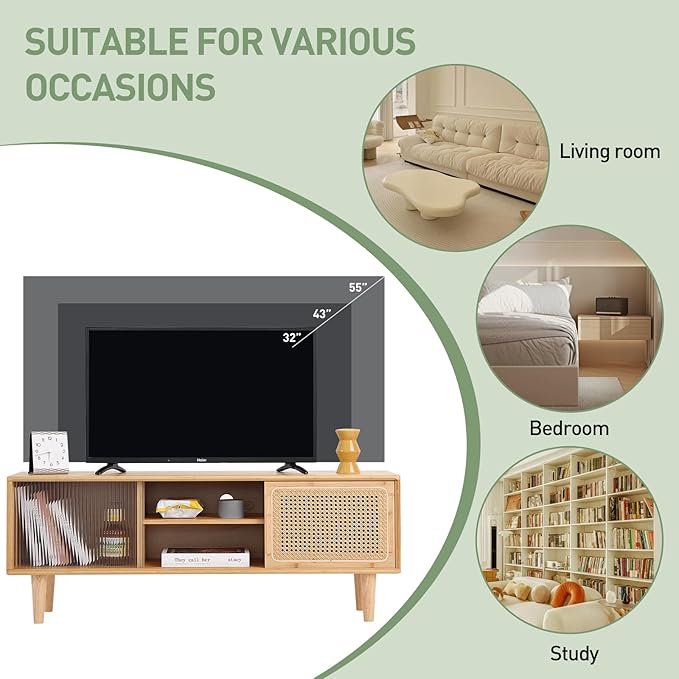 Welnow Rattan TV Stand for Up to 55 Inch, Mid Century Modern Bamboo Entertainment Center with 2 Cabinets & Adjustable Shelf, Storage Media Console Table for Living Room, Bedroom, Natural
