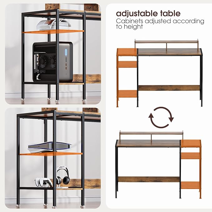 Computer Desk Gaming Desk with Monitor Stand, Home Office Desk Suitable for 2 Monitors, Writing Desk with Adjustable Storage Space,Sturdy and Durable Modern Small Desk (Vintage, 47inchs)