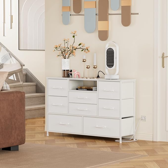 Furnulem Dresser for Bedroom, Wide Chest with Power Outlet for 55" TV Stand Entertainment Center, Deep 8 Drawers for Storage in Living Room,Entryway,Hallway,Closet(White)