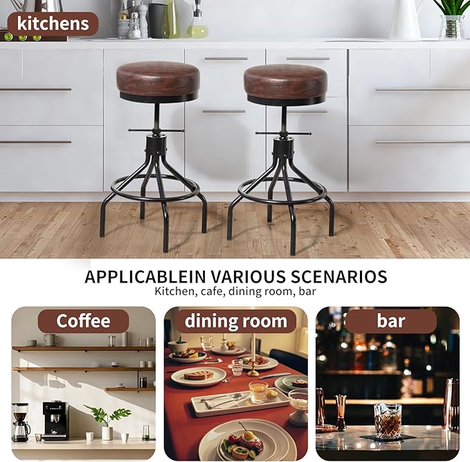 Counter Height Bar Stool Adjustable Swivel Round Barstools Modern PU Leather 28inch Backless Metal Industrial Stool Bar Chair for Kitchen Island (1, Walnut)