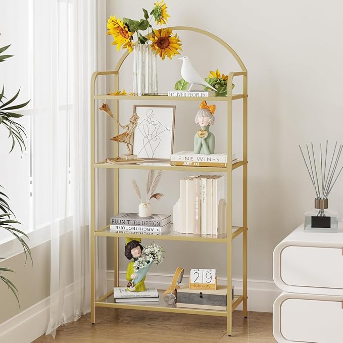 Bookcase Bookshelf, Tempered Glass Bookshelves, Slim Shelving Unit for Bedroom, Bathroom, Home Office, Steel Frame, 4 Tier Gold BC21499G