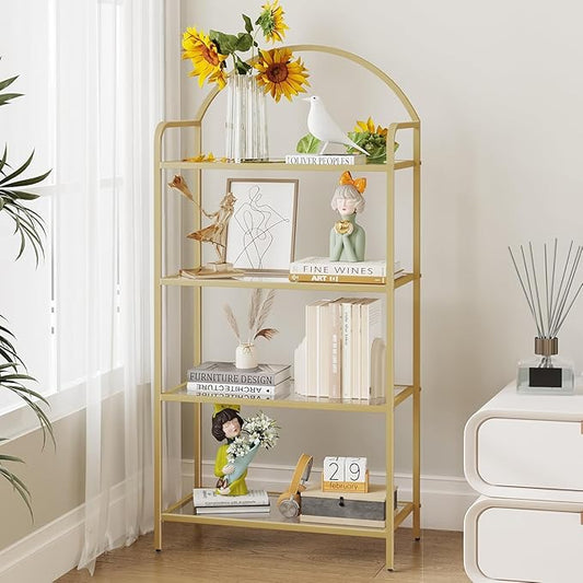 Bookcase Bookshelf, Tempered Glass Bookshelves, Slim Shelving Unit for Bedroom, Bathroom, Home Office, Steel Frame, 4 Tier Gold BC21499G