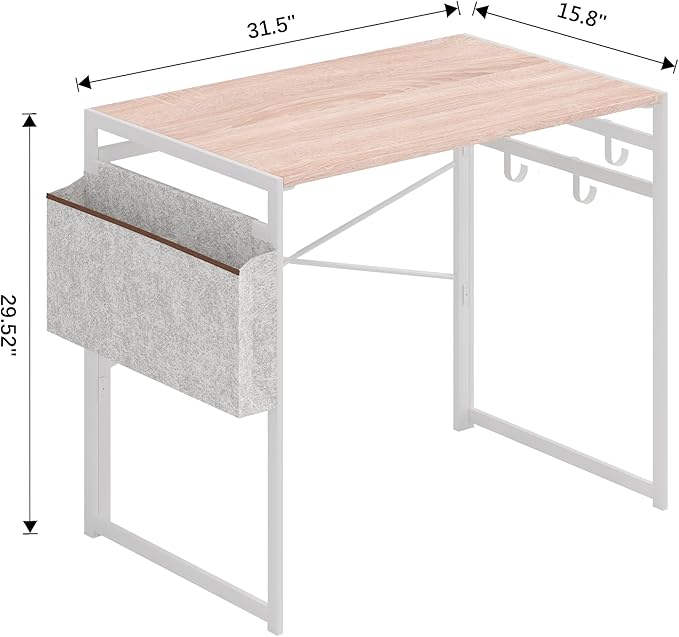 JSB Small Folding Computer Desk with Storage Bag and Hook Writing Modern Industrial Work Table Laptop for Home Office White (Natural & White, 31.5")