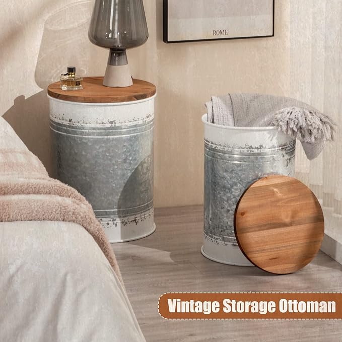 Poofzy Farmhouse End Tables Set of 2, Galvanized Metal Decor Side Table with Wood Lid, Coffee Table Storage Stool for Living Room (White)