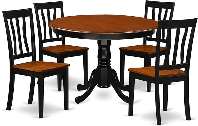 East West Furniture HLAN5-BCH-W 5 Piece Dining Table Set for 4 Includes a Round Kitchen Table with Pedestal and 4 Dining Room Chairs, 42x42 Inch, Black & Cherry