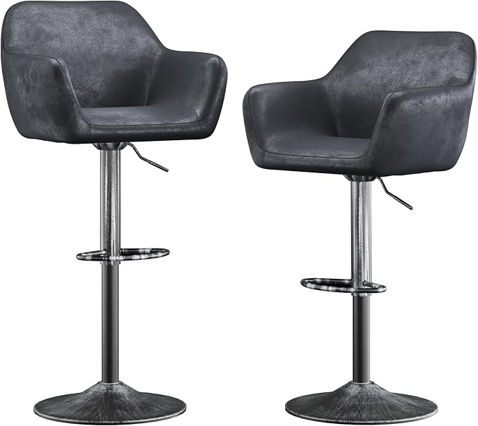 Keyluv Bar Stools Set of 2 for Kitchen Counter Adjustable Height Swivel Barstools 29 Inch Faux Leather Bar Chairs with Padded Back and Chromed Metal Base, Retro Black