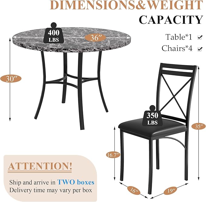 VECELO 5 Piece Dining Table Set for 4, Faux Marble Dinette with Chairs for Kitchen, Breakfast Nook, Small Space, Dark Black