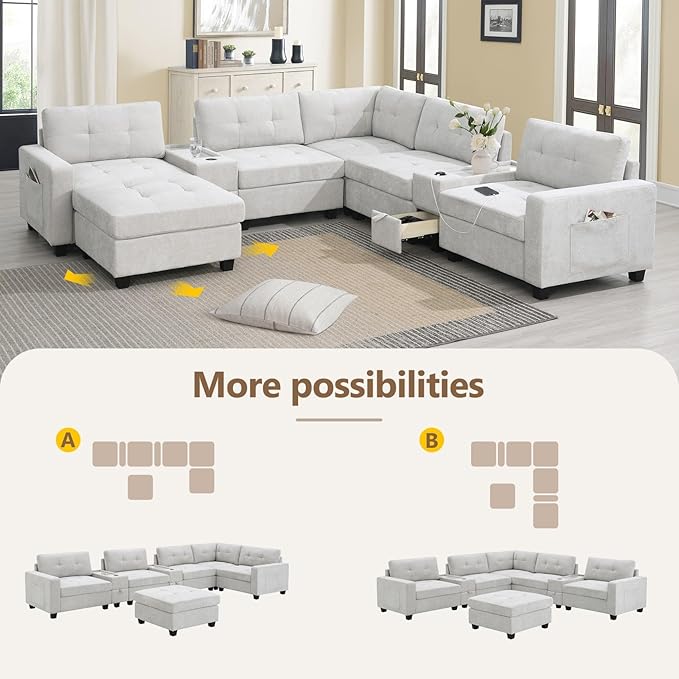 Merax 6 Seater Chenille Sectional Couches with 2 Acrylic Table Top Consoles, Upholstered Modular Tufted Sofa Chaise with Ottoman, Storage Drawers, Pockets, USB Charger & Cup Holders for Living Room
