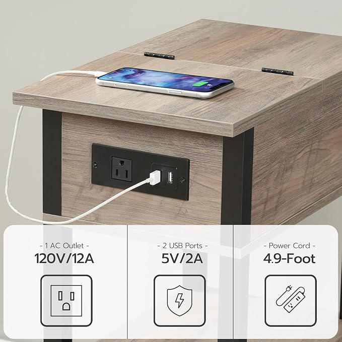 HOOBRO End Table with Charging Station, Flip Top Side Table with USB Ports, Narrow Nightstand Bedside Tables with Storage Shelves, for Small Space, Living Room,Greige and Black BG141UBZ01