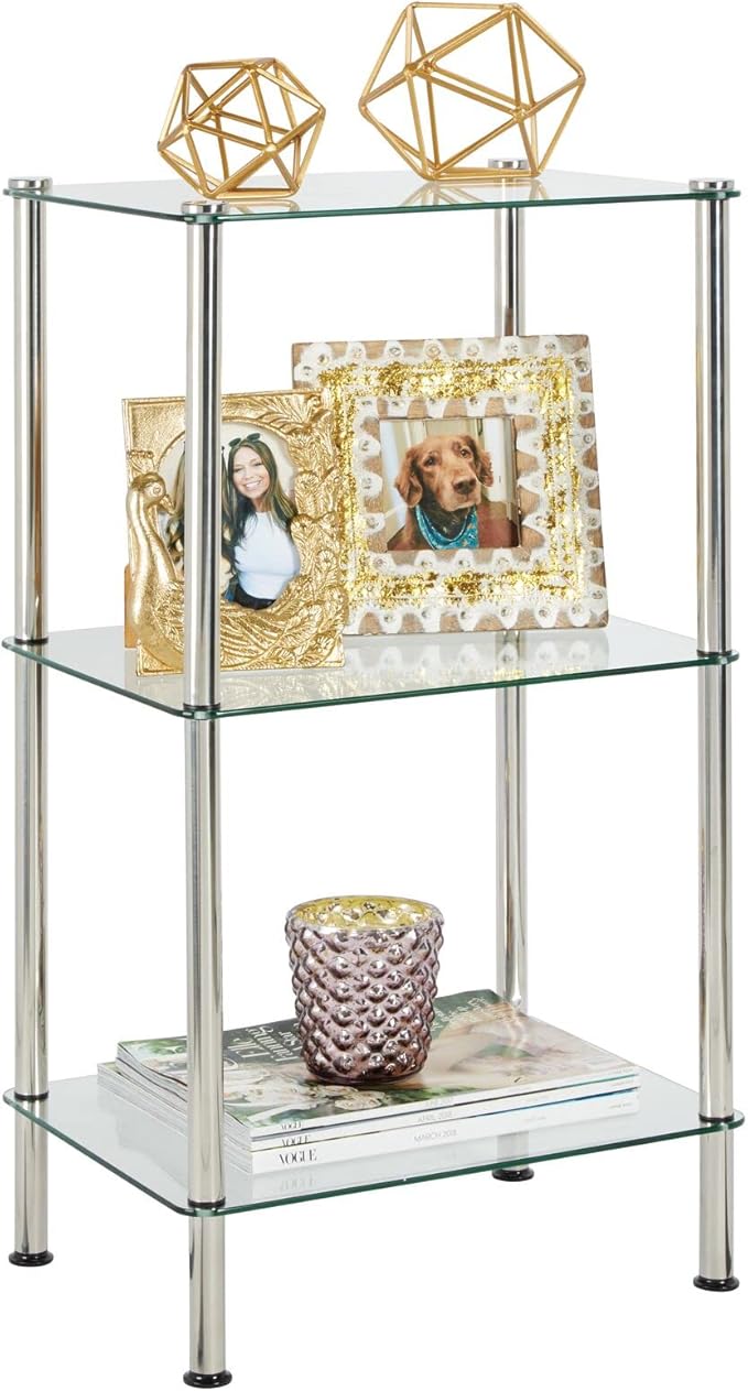 mDesign Metal/Glass 3-Tier Storage Tower, Narrow Shelving Display Unit, Open Glass Shelves; Multi-Use Stand for Living Room, Bathroom, Home Office, Hallway, Bedroom Organization - Chrome/Clear