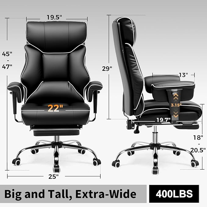 COMHOMA Big and Tall Office Chair 400lbs High Back Gaming Chair with Ergonomic Lumbar Support & Pocket Spring Cushion for Lower Back Pain Relief, Leather Executive Chair with Foot Rest, White/Black
