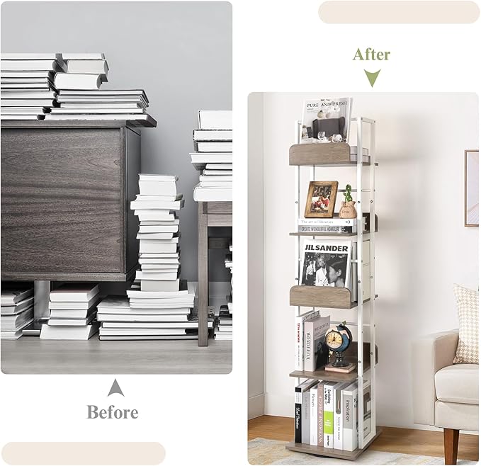 Bikoney Bookshelves 5-Tier, Rotating Bookshelf Tower for Corner, Small Narrow Bookcase, Tall Industrial Bookshelf, Wood and Metal White