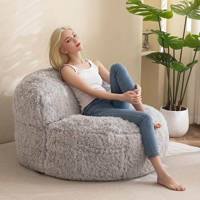 BYBYME Giant Bean Bag Chair, Faux Fur Bean Bag Couch with Filler Large Living Room Bean Bag Chairs for Adults, Big Lazy Sofa Accent Chair with Pocket Floor Chair