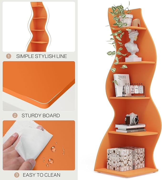 Tribesigns Corner Shelf, Modern 5-Tier Wall Corner Bookshelf, Stylish Corner Small Bookcase Storage Rack Plant Stand with Unique Shape for Living Room, Home Office (Orange, 1PC)
